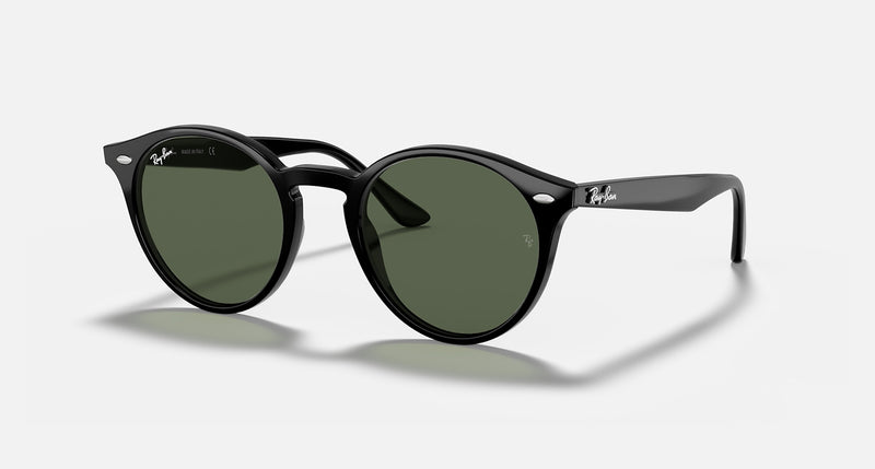 Ray-Ban RB2180 sunglasses in round shape with distinctive rivets, shaped temples, flattened bridge, and stylish tinted lenses in gradient options.